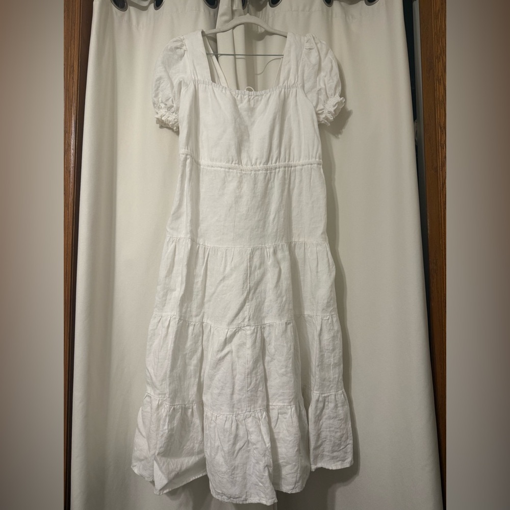 AERE Double Tie Back Short Sleeve Tier 100% Linen White Midi Dress Size 8 - Picture 6 of 11